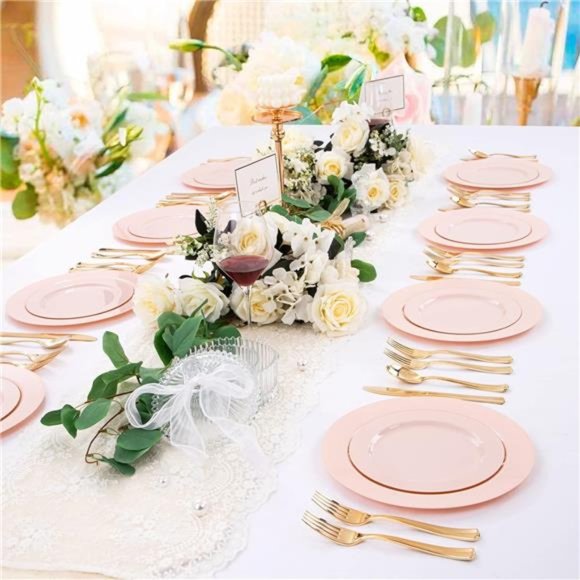 60PCS Pink Plastic Plates - Heavy Duty Pink Dinner Plates Disposable for Party - Picture 6 of 7